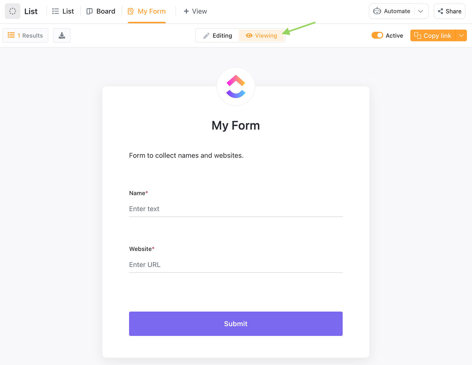 Formular in ClickUp anzeigen