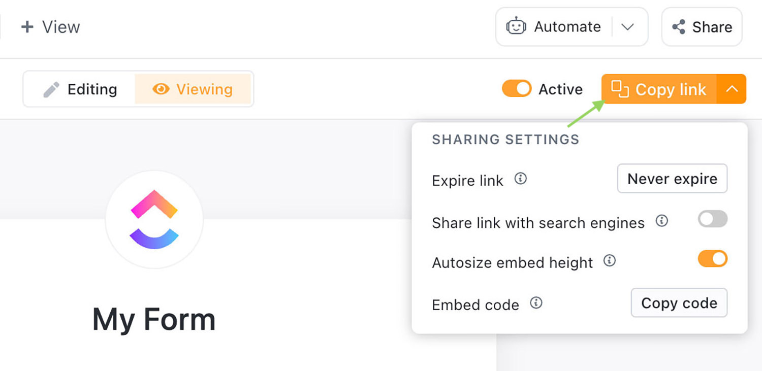ClickUp-Formularlink teilen