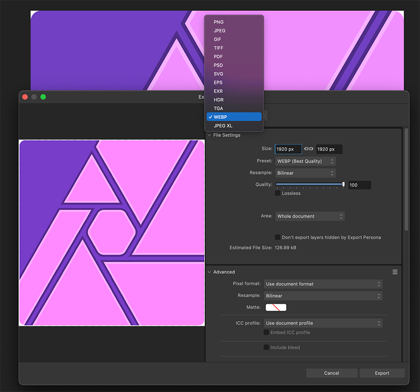 Affinity Photo Exportoptionen