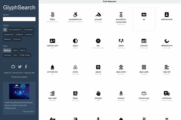 GlyphSearch Tiny CSS Tools für Webdesigner