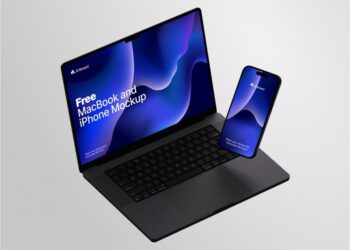 Free mockup featuring both a MacBook and an iPhone, ideal for presenting your design projects concurrently on two distinct devices.