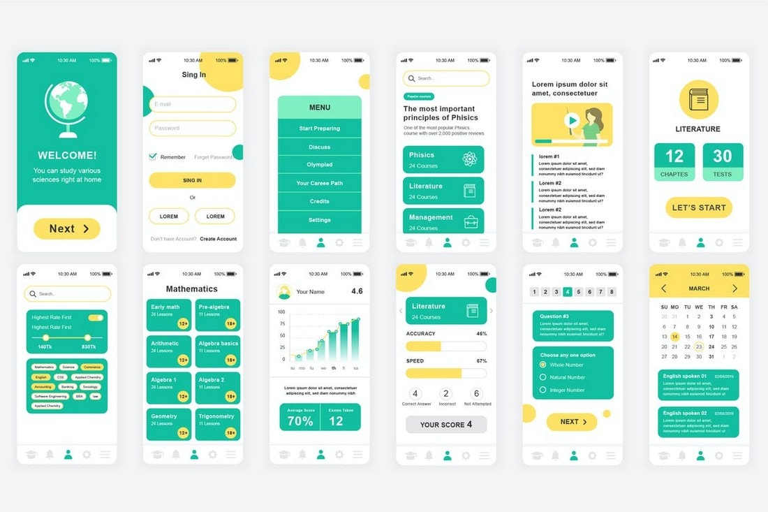 Bildungs-App-UI-Bildschirme-Vorlagen