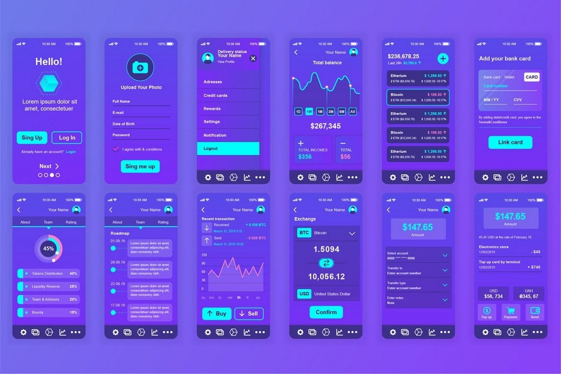 Blockchain Mobile App Bildschirme UI-Vorlagen