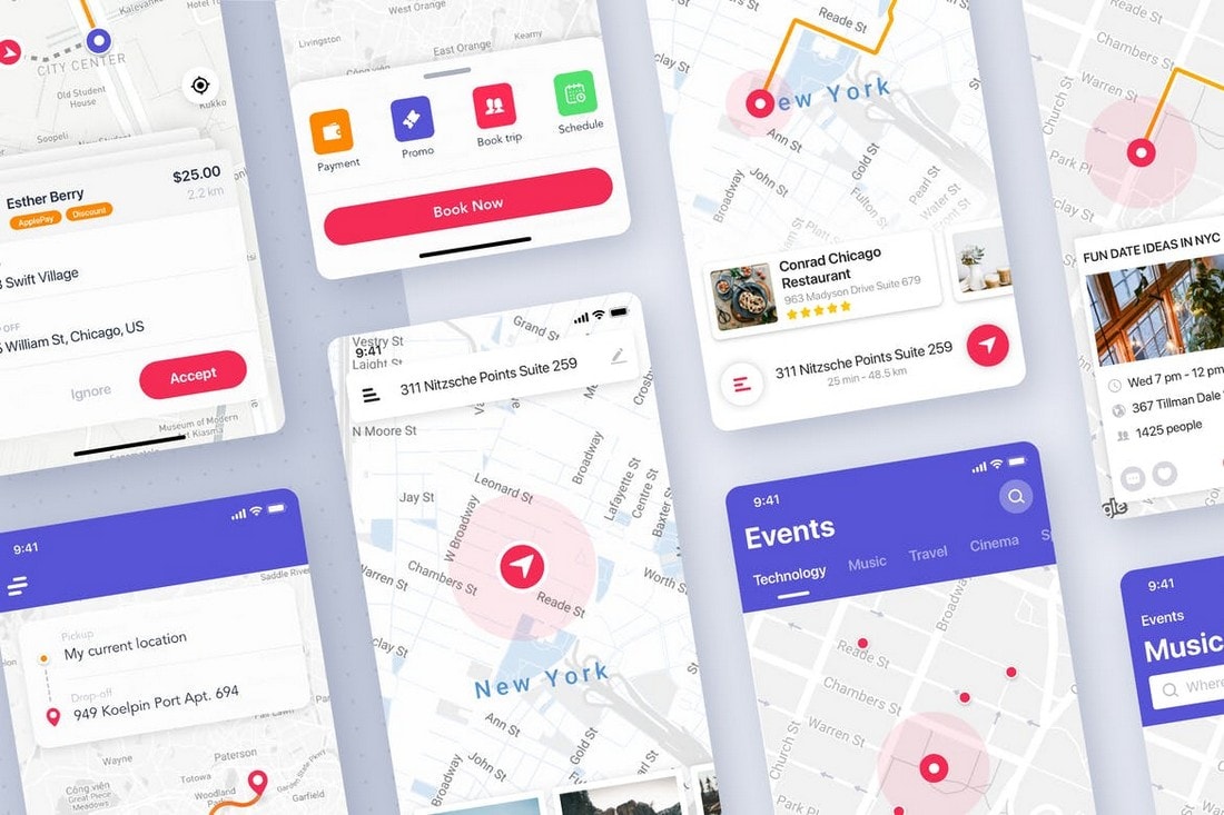 Karten-UI-Bildschirmvorlage für Mobile App