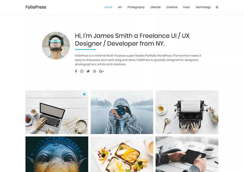 FolioPress kostenloses WordPress-Theme wp responsiv kreativ Designer Agentur Portfolio Kamera