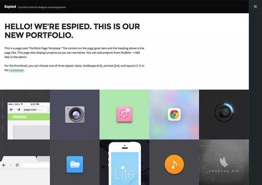 Espied kostenloses WordPress-Theme wp responsiv kreativ Designer Agentur Portfolio Kamera